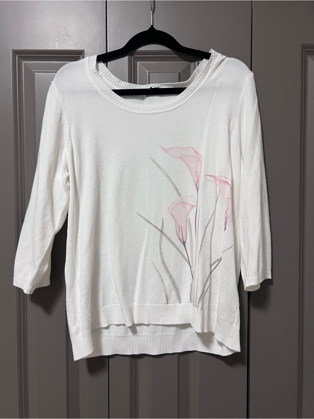 cleo White Scoop-Neck Long Sleeve Top with Pink Floral Detail